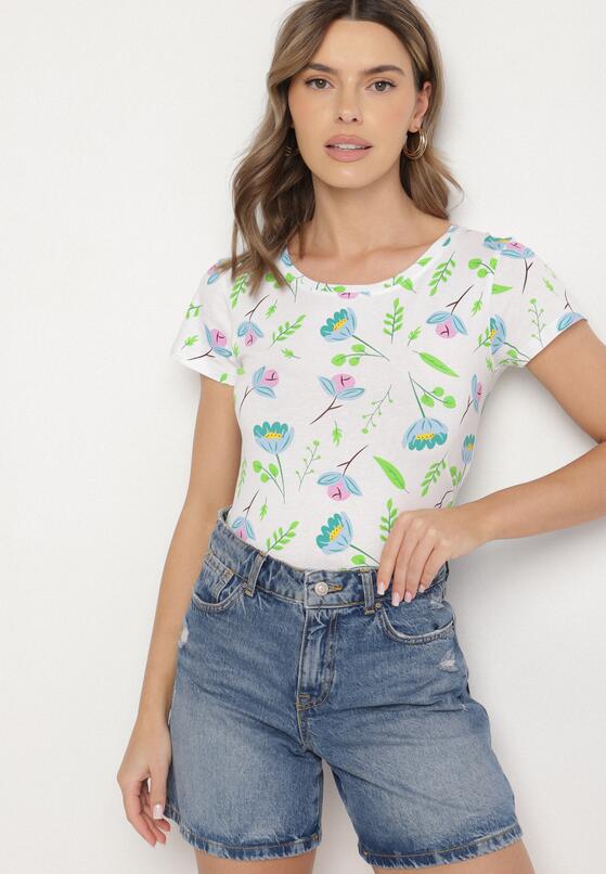 Biało-Zielony Bawełniany T-shirt Ozdobiony Nadrukiem Zarice 4