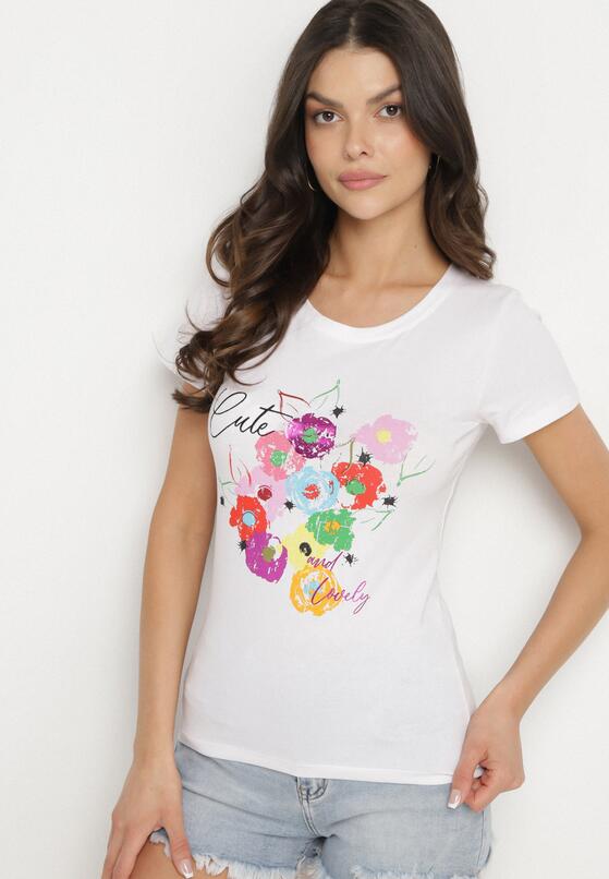 Biało-Niebieski T-shirt z Bawełny z Ozdobnym Nadrukiem Zaromeira 1