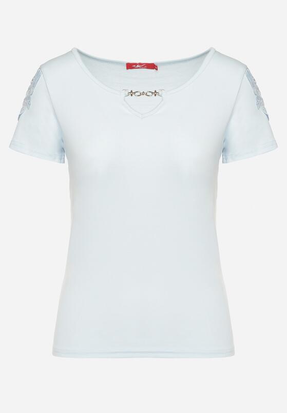 Jasnoniebieski Bawełniany T-shirt z Łańcuszkiem i Koronką Liraveira 6