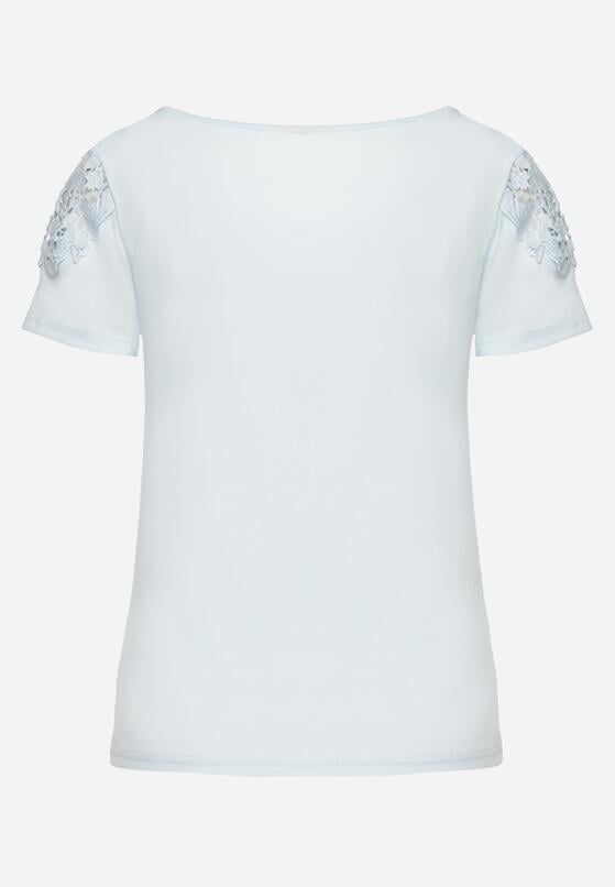 Jasnoniebieski Bawełniany T-shirt z Łańcuszkiem i Koronką Liraveira 7