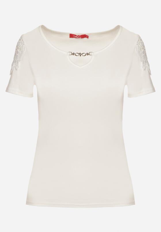 Biały Bawełniany T-shirt z Łańcuszkiem i Koronką Liraveira 6