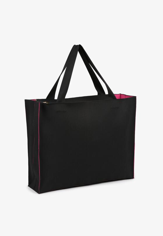 Czarno-Fuksjowa Torebka Shopper Materiałowa z Napisem Zasuwana Saliretia 2