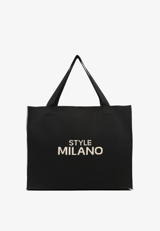 Czarno-Beżowa Torebka Shopper Materiałowa z Napisem Zasuwana Saliretia 1