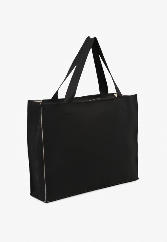 Czarno-Beżowa Torebka Shopper Materiałowa z Napisem Zasuwana Saliretia 2