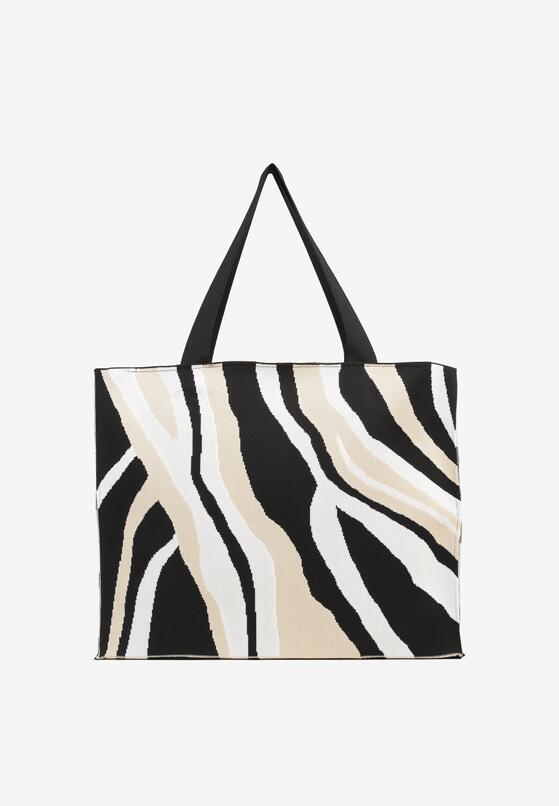 Beżowa Torebka Shopper z Suwakiem w Abstrakcyjny Print Salidrea 1