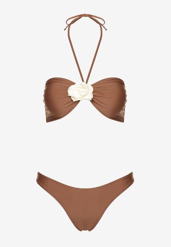 Brązowe Bikini Góra z Paskami na Szyję i Kwiatami 3D z Dodatkową Spódniczką Renzi 6