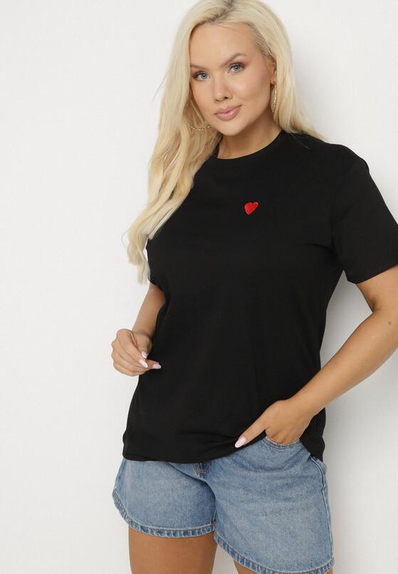 Czarny Bawełniany T-shirt Ozdobiony Sercem Tolianee 4