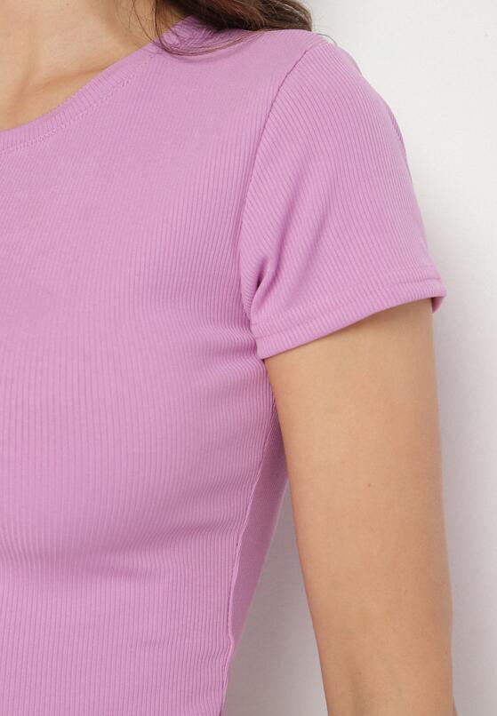 Jasnofioletowy T-shirt z Prążkowanego Materiału o Krótkim Kroju Telunna 5