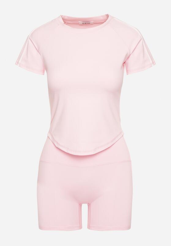 Różowy Komplet Sportowy T-shirt i Szorty z Ozdobnym Lampasem Zorettia 6