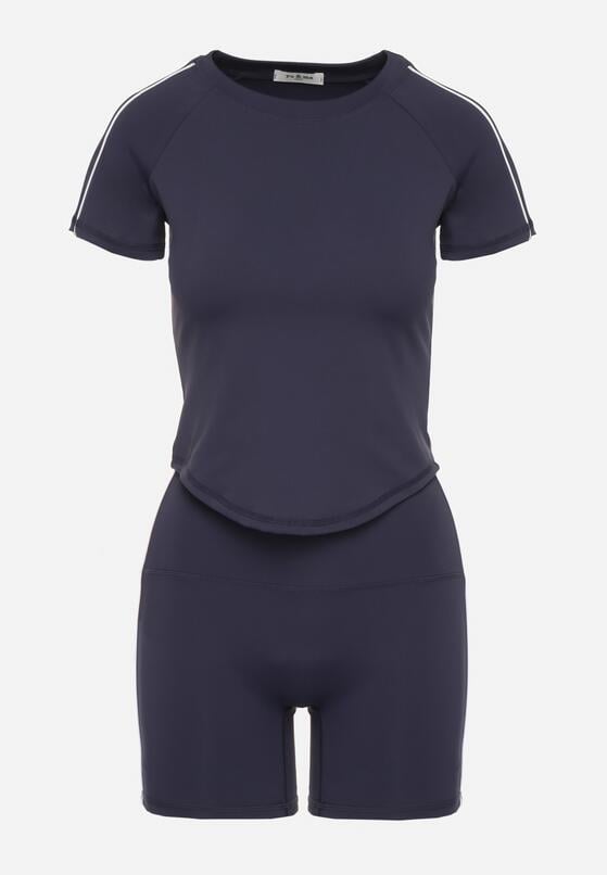 Granatowy Komplet Sportowy T-shirt i Szorty z Ozdobnym Lampasem Zorettia 6
