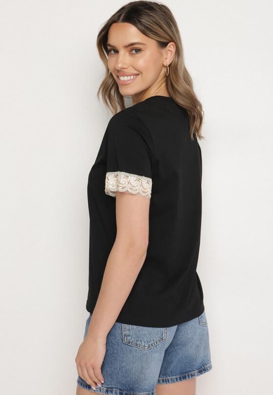 Czarny T-shirt z Bawełny Zdobiony Koronką z Cekinami Pollea 3