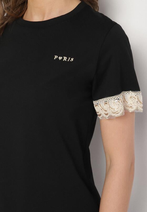 Czarny T-shirt z Bawełny Zdobiony Koronką z Cekinami Pollea 5