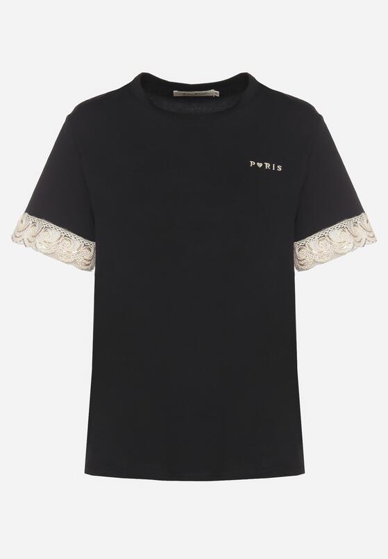 Czarny T-shirt z Bawełny Zdobiony Koronką z Cekinami Pollea 6