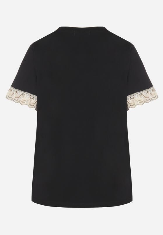 Czarny T-shirt z Bawełny Zdobiony Koronką z Cekinami Pollea 7
