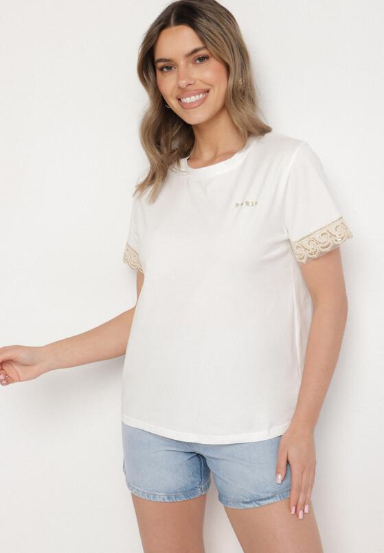 Biały T-shirt z Bawełny Zdobiony Koronką z Cekinami Pollea 2