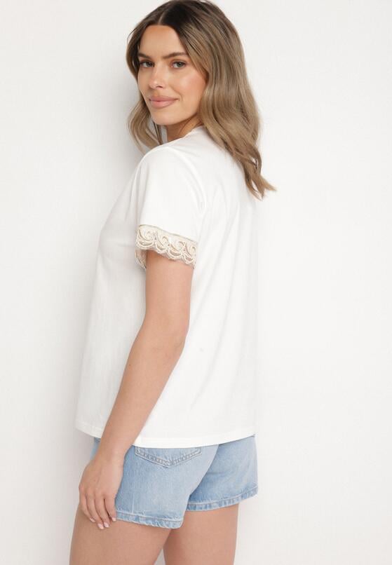 Biały T-shirt z Bawełny Zdobiony Koronką z Cekinami Pollea 3