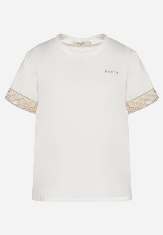 Biały T-shirt z Bawełny Zdobiony Koronką z Cekinami Pollea 6