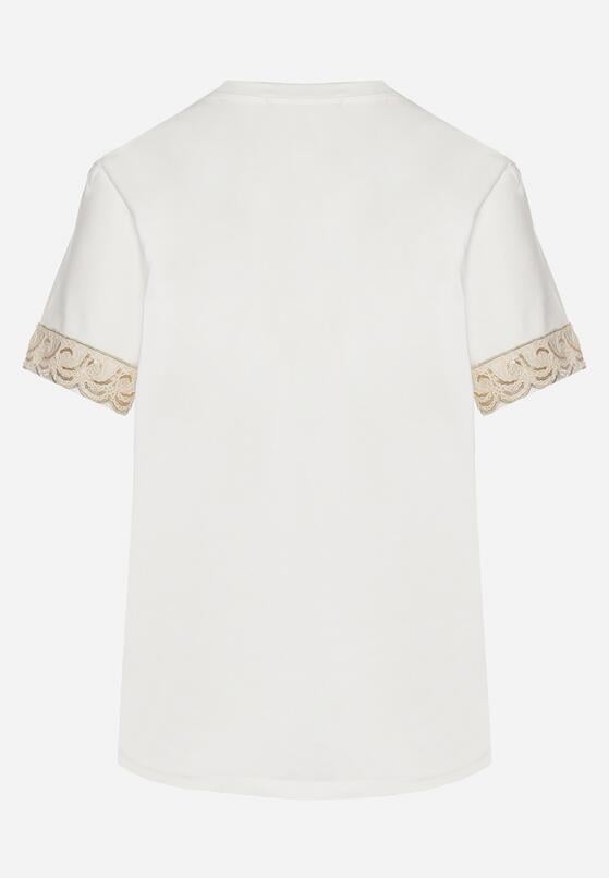 Biały T-shirt z Bawełny Zdobiony Koronką z Cekinami Pollea 7