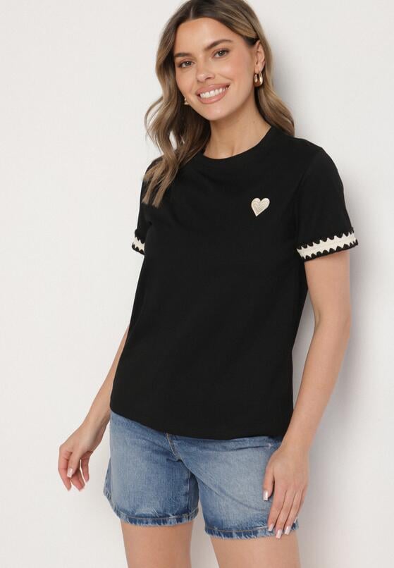 Czarny T-shirt z Bawełny Ozdobiony Sercem Firiane 2