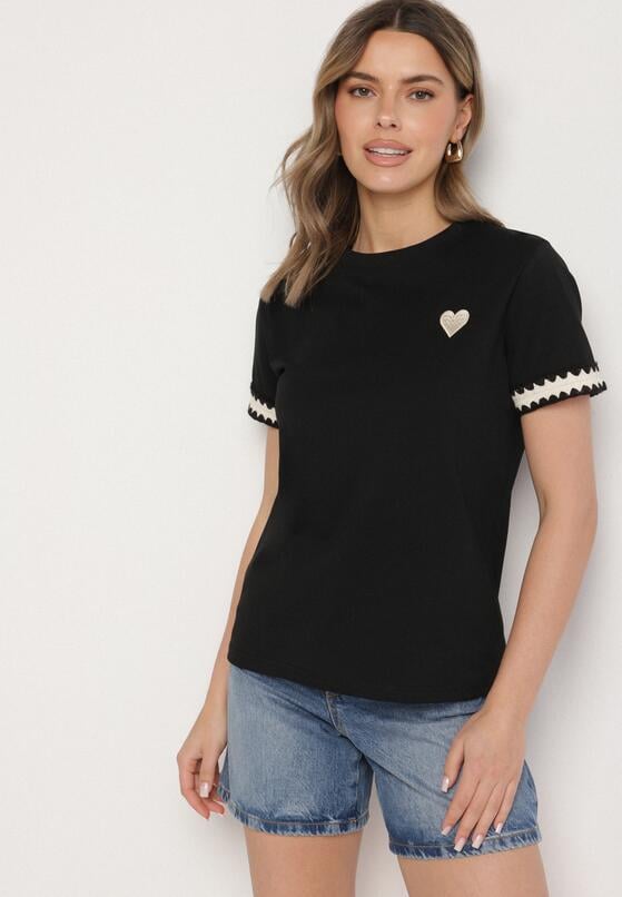 Czarny T-shirt z Bawełny Ozdobiony Sercem Firiane 4