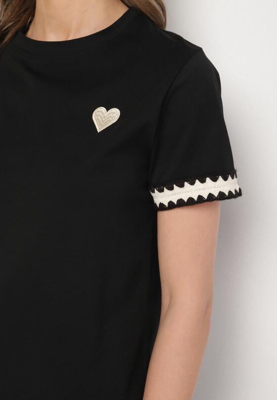 Czarny T-shirt z Bawełny Ozdobiony Sercem Firiane 5