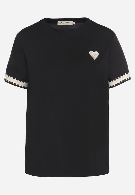 Czarny T-shirt z Bawełny Ozdobiony Sercem Firiane 6