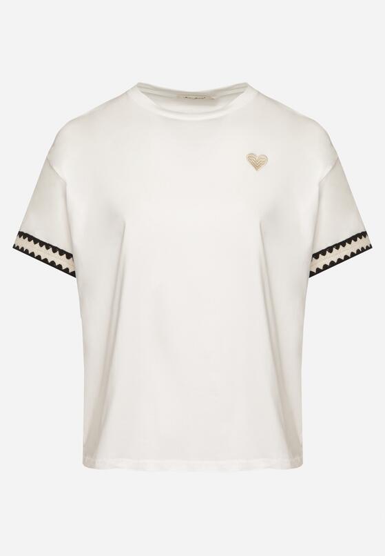 Biały Bawełniany T-shirt o Kroju Oversize ze Zdobieniem przy Rękawach Milatia 6