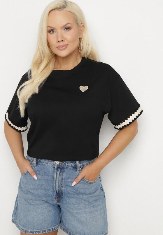 Czarny Bawełniany T-shirt o Kroju Oversize ze Zdobieniem przy Rękawach Milatia 2