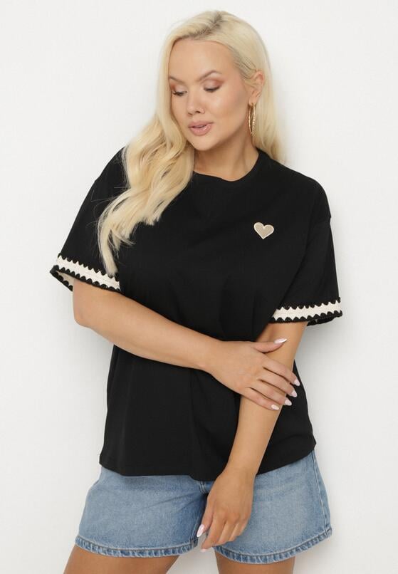 Czarny Bawełniany T-shirt o Kroju Oversize ze Zdobieniem przy Rękawach Milatia 4