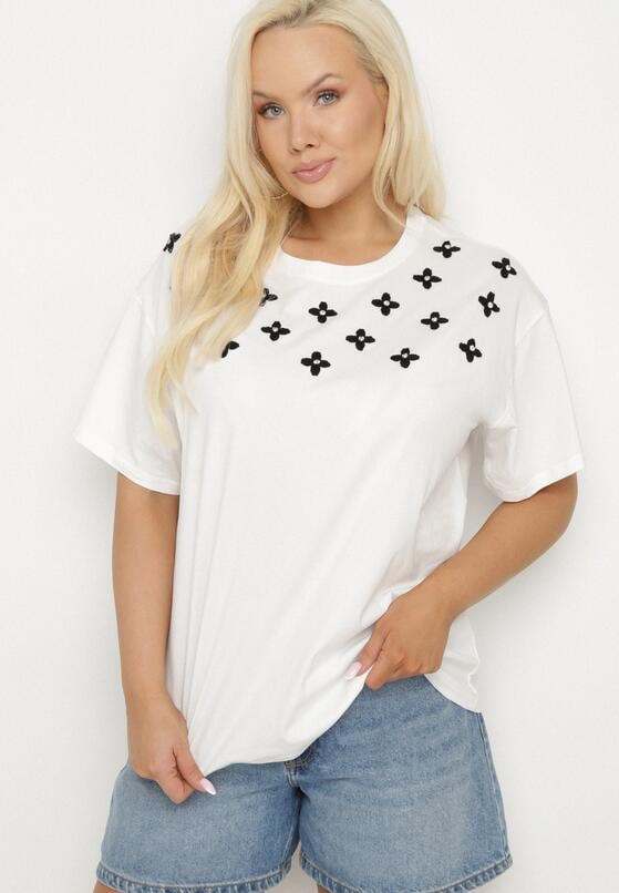 Biały T-shirt z Bawełny Ozdobiony Cyrkoniami i Haftami Firarette 1