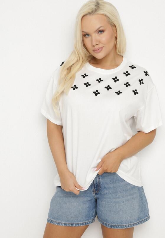 Biały T-shirt z Bawełny Ozdobiony Cyrkoniami i Haftami Firarette 2