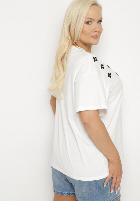 Biały T-shirt z Bawełny Ozdobiony Cyrkoniami i Haftami Firarette 3