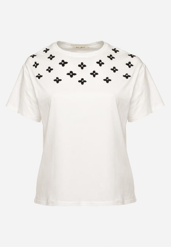 Biały T-shirt z Bawełny Ozdobiony Cyrkoniami i Haftami Firarette 6