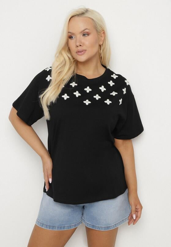 Czarny T-shirt z Bawełny Ozdobiony Cyrkoniami i Haftami Firarette 2