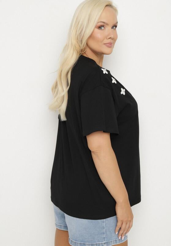 Czarny T-shirt z Bawełny Ozdobiony Cyrkoniami i Haftami Firarette 3