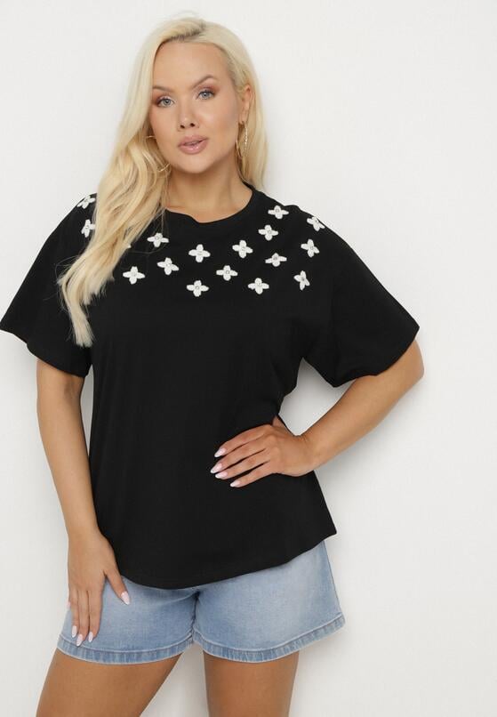 Czarny T-shirt z Bawełny Ozdobiony Cyrkoniami i Haftami Firarette 4