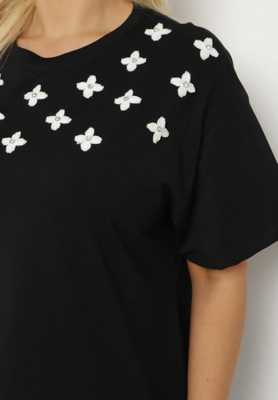 Czarny T-shirt z Bawełny Ozdobiony Cyrkoniami i Haftami Firarette 5