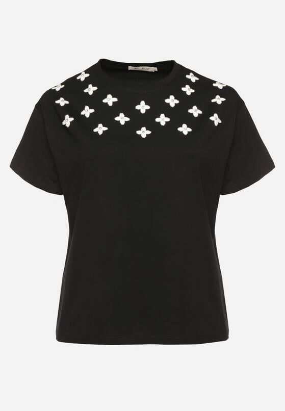 Czarny T-shirt z Bawełny Ozdobiony Cyrkoniami i Haftami Firarette 6