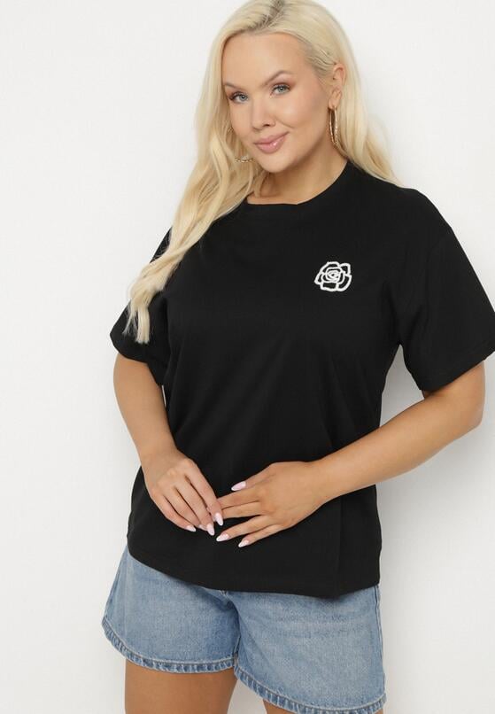 Czarny T-shirt z Bawełny z Naszywką Kwiatu Firirene 4