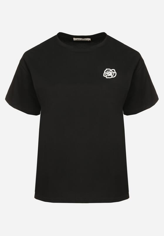 Czarny T-shirt z Bawełny z Naszywką Kwiatu Firirene 6