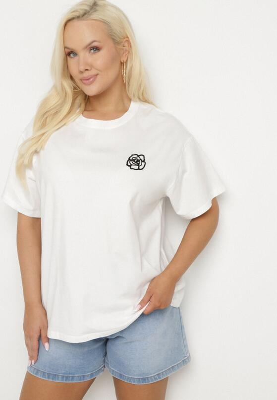 Biały T-shirt z Bawełny z Naszywką Kwiatu Firirene 1