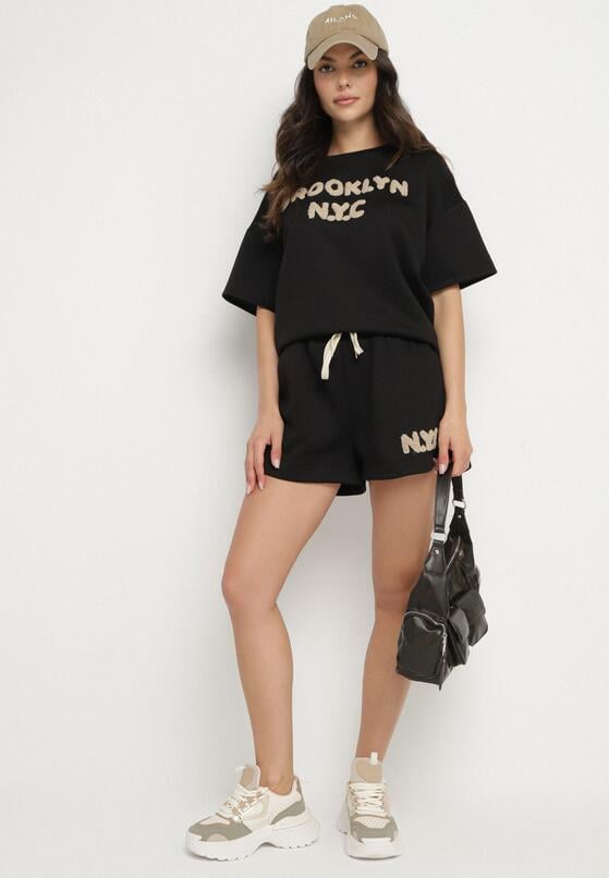 Czarny Komplet Oversize z Wiskozą T-shirt i Szorty z Nadrukiem Liravella 2