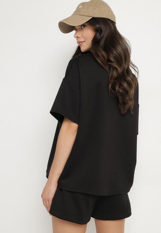 Czarny Komplet Oversize z Wiskozą T-shirt i Szorty z Nadrukiem Liravella 3