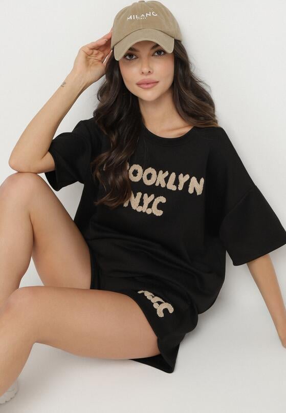 Czarny Komplet Oversize z Wiskozą T-shirt i Szorty z Nadrukiem Liravella 5