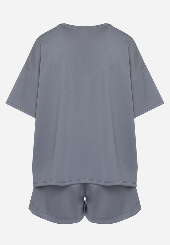 Granatowy Komplet Oversize z Wiskozą T-shirt i Szorty z Nadrukiem Liravella 7