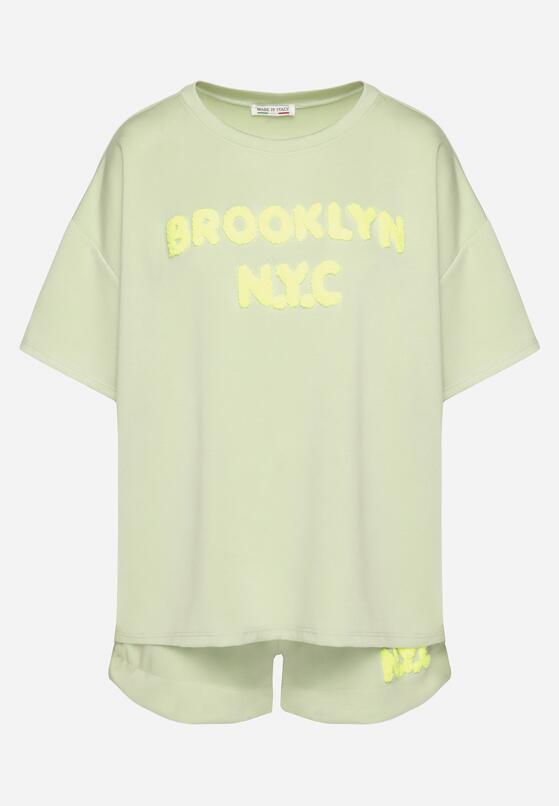 Jasnozielony Komplet Oversize z Wiskozą T-shirt i Szorty z Nadrukiem Liravella 6