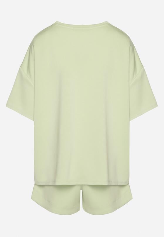 Jasnozielony Komplet Oversize z Wiskozą T-shirt i Szorty z Nadrukiem Liravella 7