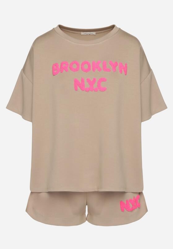 Ciemnobeżowy Komplet Oversize z Wiskozą T-shirt i Szorty z Nadrukiem Liravella 6