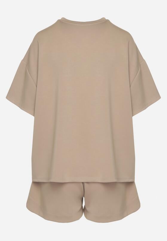 Ciemnobeżowy Komplet Oversize z Wiskozą T-shirt i Szorty z Nadrukiem Liravella 7