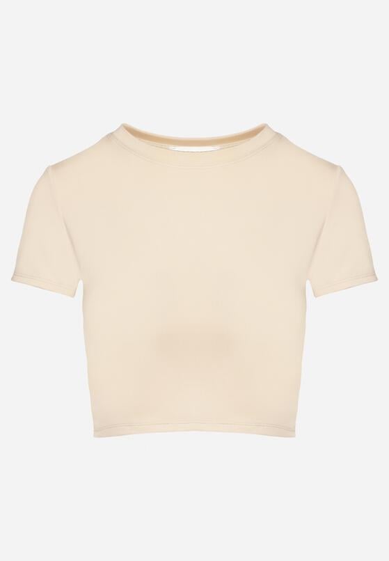 Beżowy T-shirt z Wiskozą o Dopasowanym Kroju Typu Crop Top Folirra 6